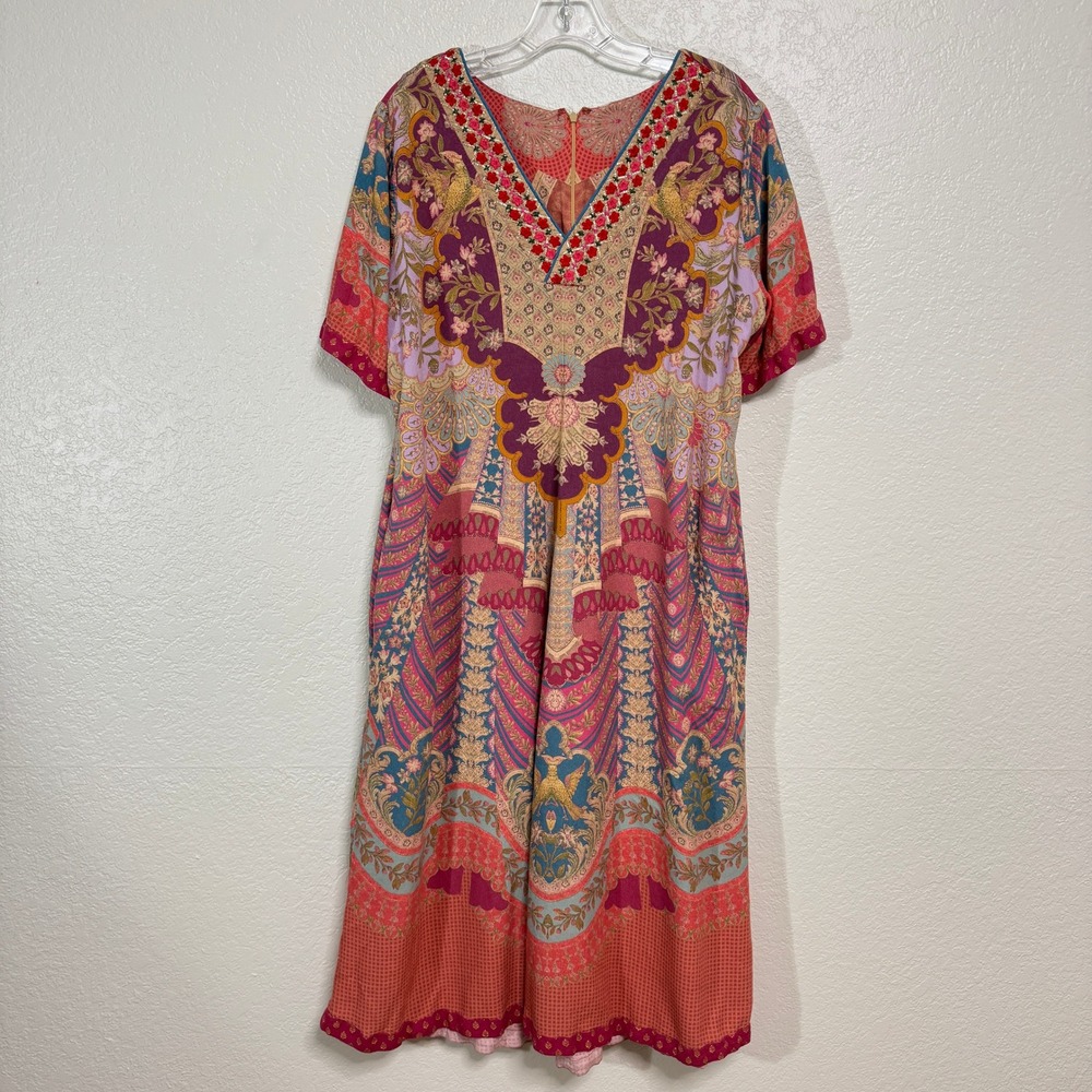 Soft Surroundings Dress Womens L Pink Rayon Boho Paisley Bird Embroidered Midi